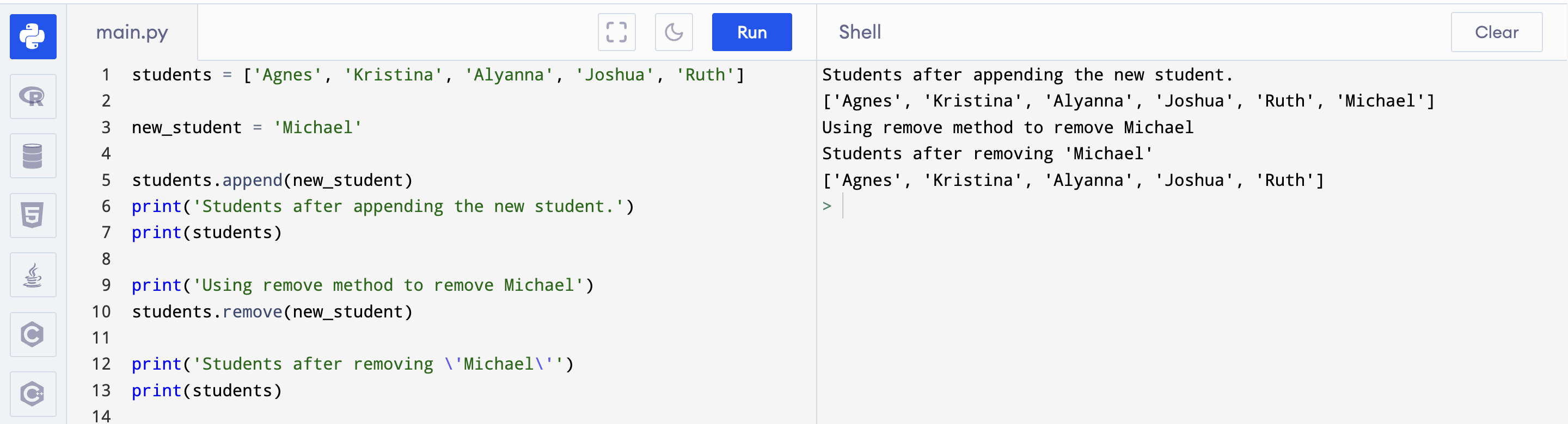 Result of using remove method in a list